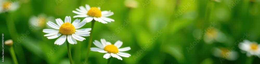 Fototapeta premium Delicate chamomile blossoms, vibrant yellow petals against lush green foliage , chamomile, white, botany