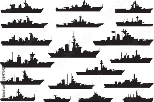 Diverse naval vessels silhouette collection warship battleship