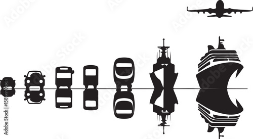 Diverse transportation vehicles and aircraft with reflections train ship