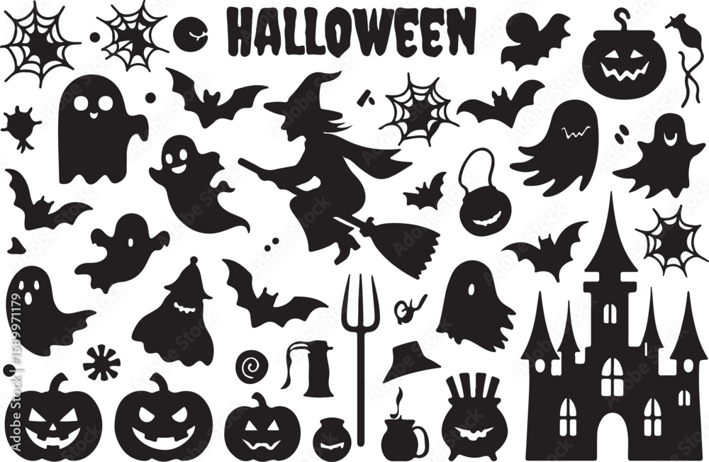 Fototapeta premium Halloween silhouettes ghosts bats witches pumpkins castle spooky