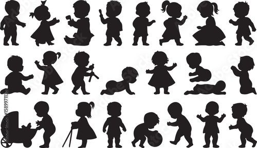 Diverse baby silhouettes in various playful poses toddler child