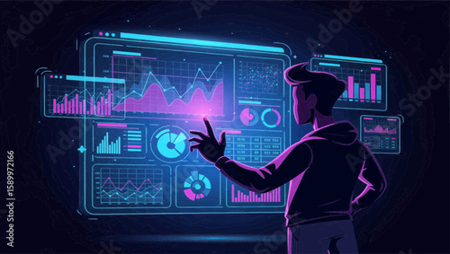 Analyzing financial data with digital dashboards for business growth and insightful analytics in the futuristic business environment.