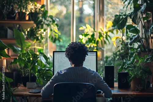 Dedicated Individual Working on Computer Surrounded by Lush Greenery in a Coz...