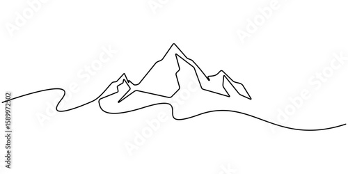 One continuous line drawing of mountain range landscape template. 