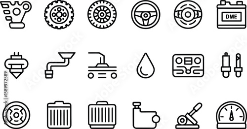 Collection of automotive parts and symbols in a clean line drawing silhouette