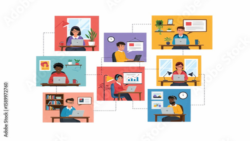 Virtual Team Meeting Illustration Connected People Working Remotely Online