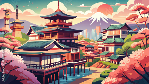Kyoto, Japan – Traditional wooden houses, quiet temples, and cherry blossoms paint a delicate scene, blending timeless architecture and spring beauty in this serene and cultural vector-ready cityscape