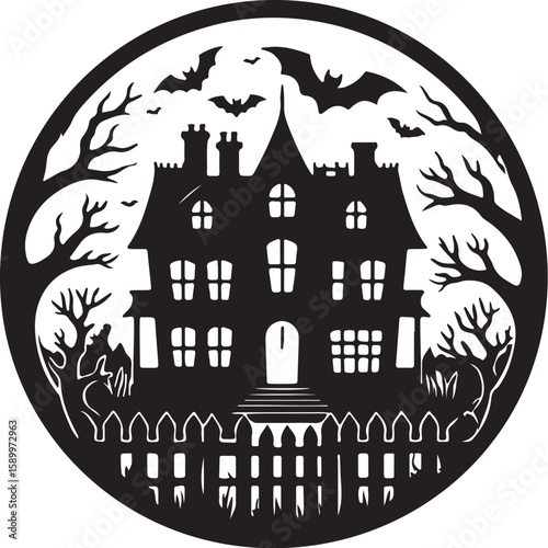 Spooky haunted mansion with bats and trees halloween haunted house