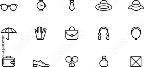 Collection of fashion accessories and personal items in a clean line art silhouette style