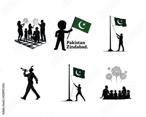 Family silhouette celebrating 14 August with Pakistani flag hoisting scenes, pakistan zindabad