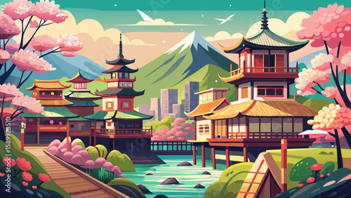 Kyoto, Japan – Traditional wooden houses, quiet temples, and cherry blossoms paint a delicate scene, blending timeless architecture and spring beauty in this serene and cultural vector-ready cityscape