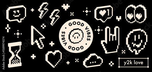 3d emoticon set in pixel art. Retro digital communication icons on dark background. Gaming style social media elements, heart, eyes, reactions, rock hand for arcade design. Cyberpunk aesthetic sticker