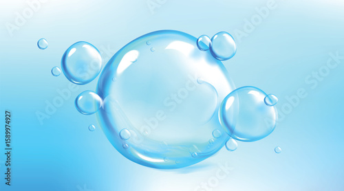 Realistic vector illustration of transparent water bubbles floating on a soft blue gradient background. Perfect for use in hygiene, cleaning, skincare, spa, fresh water, or eco-themed design projects