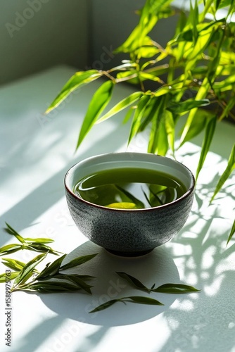 Fresh Green Tea in a Bowl Surrounded by Leaves on a Light Surface.