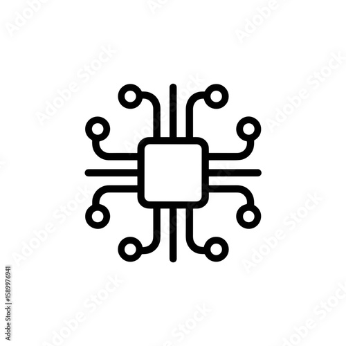 Minimalist black microchip icon, digital circuit, central processor unit
