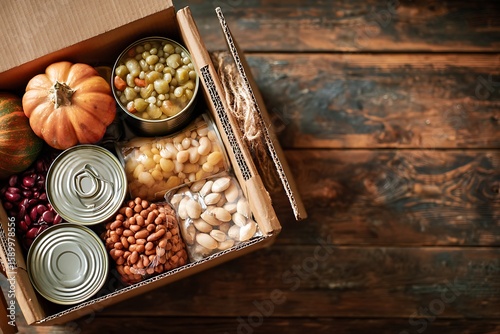 A box filled with canned goods, beans, and a pumpkin, symbolizing food donation and support for those in need.