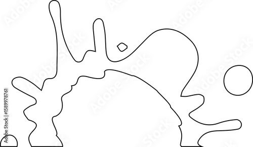 Ink blot with large thick dripping lines and a hollow core, arranged asymmetrically in a semi circular directional layout.
