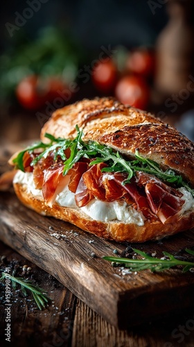 Gourmet Sandwich With Cured Meat and Fresh Ingredients on a Wooden Board