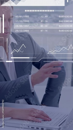 Discussing data analytics, business professionals using digital interface in meeting room
