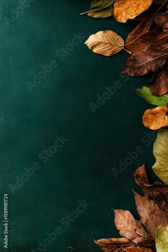 Autumn Leaves Arranged on a Green Background Create a Seasonal Atmosphere for...