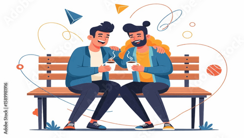 Two friends enjoying a coffee break on a park bench, fostering connection and companionship in a cheerful outdoor setting, perfect for well-being content.