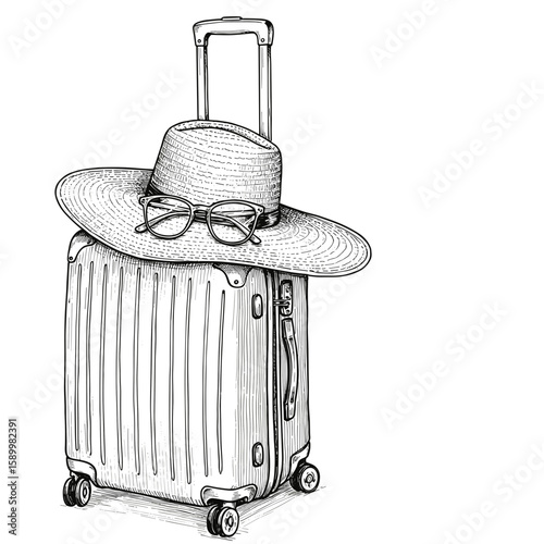 Suitcase with Panama hat and sunglasses – vintage ink sketch hand-drawn black and white vector illustration