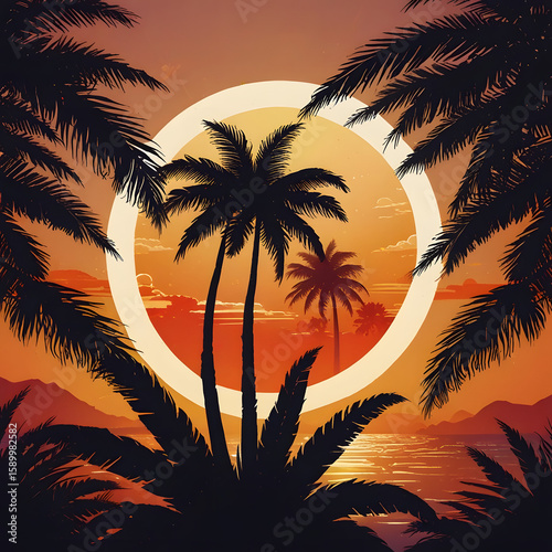 Abstract Tropical Sunset with Palm Trees and Glowing Circle Design