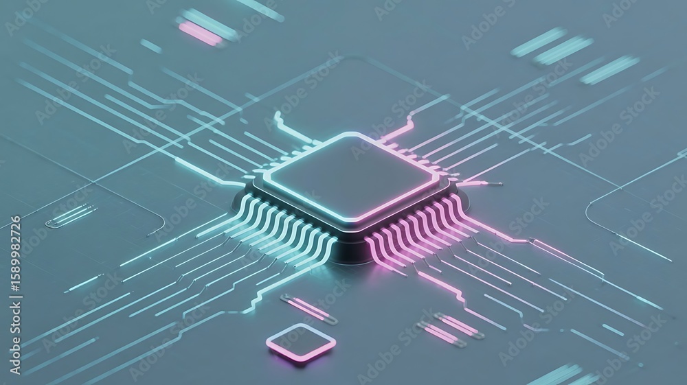 Fototapeta premium A glowing cpu processor chip on a futuristic circuit board with neon lights.