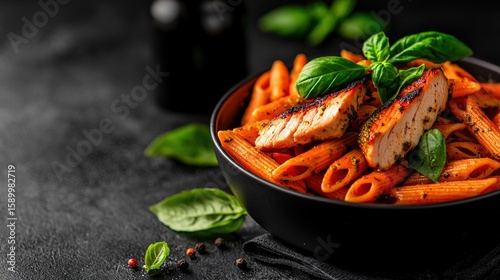   A zoomed-in shot of a dish of spaghetti topped with sausage and mixed veggies, set on a table beside an open bottle of red wine
