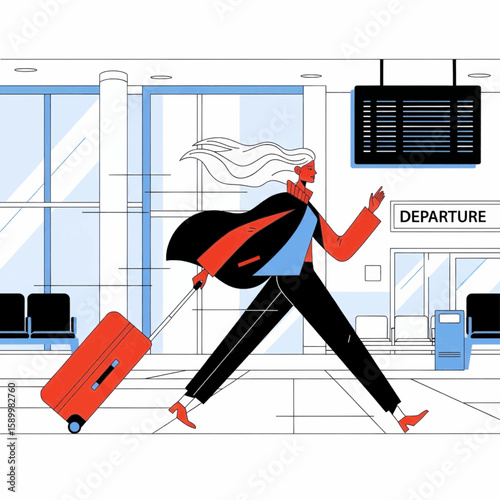 Woman traveler with suitcase in airport heading for departure, travel concept, illustrated 