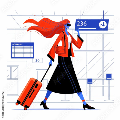 Elegant Woman Traveling Stylish Airport Scene with Luggage for a Trip (Illustration)