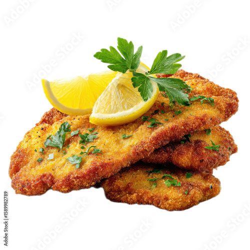 Three pieces of fried chicken with lemon slices and parsley on top