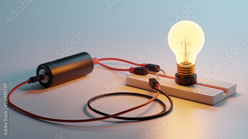 Electricity Circuit Diagram: A detailed illustration of an electrical circuit, featuring a glowing lightbulb powered by a battery, interconnected by wires.