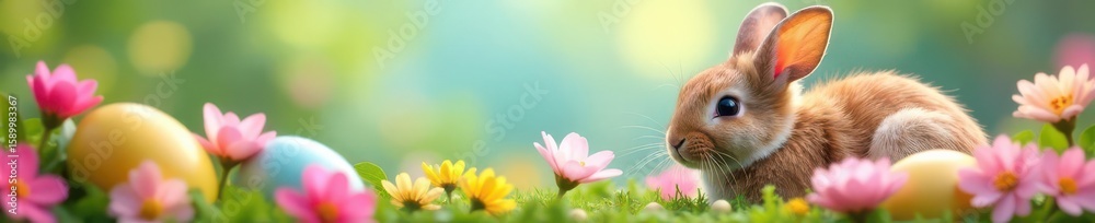 Fototapeta premium Fluffy bunny surrounded by vibrant eggs, blooming spring flowers , bunny rabbit, cheerful