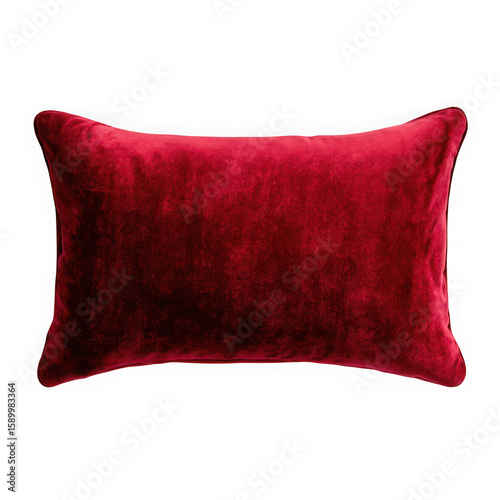 Luxurious deep red velvet lumbar pillow with plush texture and piped edges isolated on transparent background