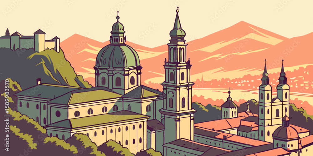 Fototapeta premium Aerial view of Salzburg at sunrise highlights fortress-topped hills and baroque spires glowing in warm morning light