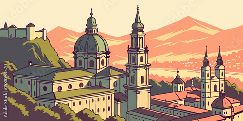 Aerial view of Salzburg at sunrise highlights fortress-topped hills and baroque spires glowing in warm morning light