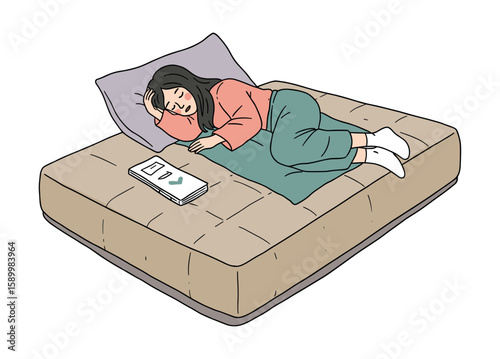 Girl sleeping on a futon, cozy bedroom scene, resting peacefully, soft colors