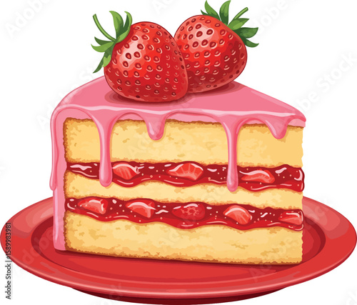 Strawberry Layer Cake Slice with Pink Frosting - Food Illustration.