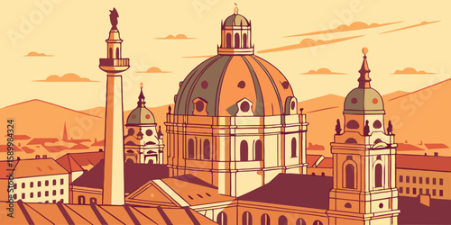 Aerial view of Vienna at sunrise highlights ornate palaces and baroque domes glimmering in amber light, modern flat illustration style