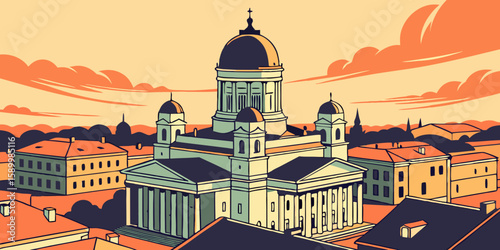 Aerial view of Helsinki at sunrise captures white neoclassical domes and Baltic rooftops under golden skies, modern flat illustration style