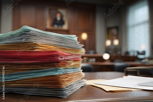 Stack of colorful case files and folders on clerk's desk in courtroom, symbolizing high workload and legal proceedings with organized chaos and professional atmosphere