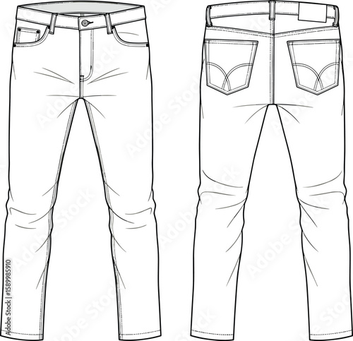 Men’s five-pocket jeans sketch front and back views, button fly closure, waistband with belt loops, back yoke, classic straight-leg denim silhouette illustration