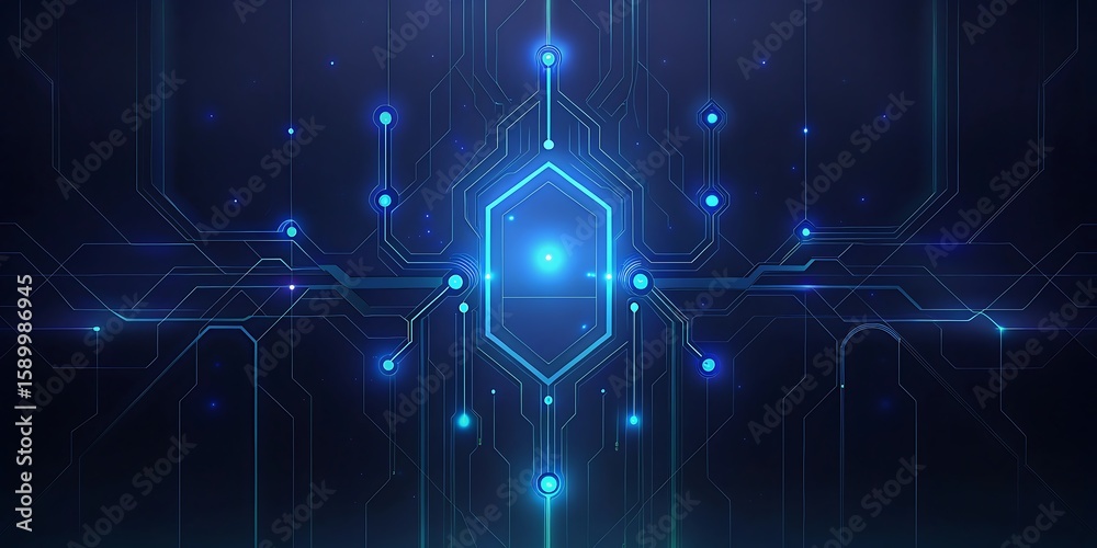 Fototapeta premium A futuristic digital network with glowing blue hexagonal core and intricate circuits.