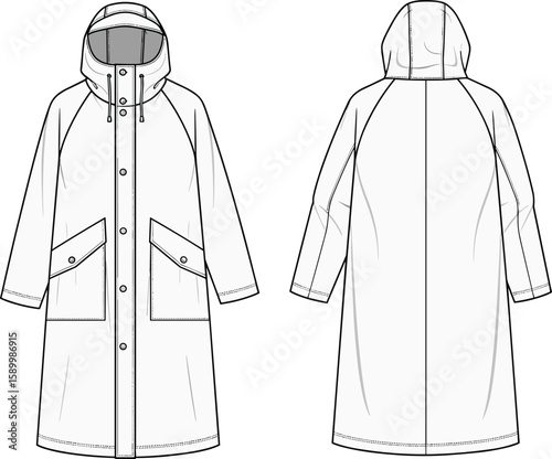 Men’s hooded button-front coat sketch front and back views, flap chest pockets, cuff details, structured seams, casual silhouette, garment illustration layout