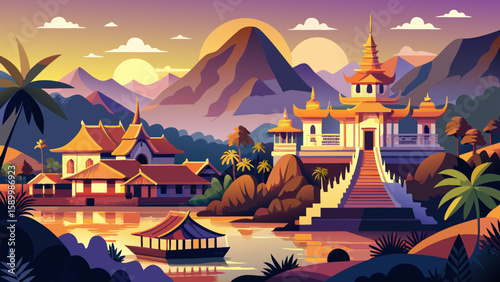 Luang Prabang, Laos – Colonial buildings and Buddhist temples sit beside the Mekong River, offering a peaceful, golden-hour vector filled with religious heritage and nature’s calm.