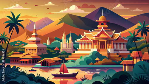 Luang Prabang, Laos – Colonial buildings and Buddhist temples sit beside the Mekong River, offering a peaceful, golden-hour vector filled with religious heritage and nature’s calm.