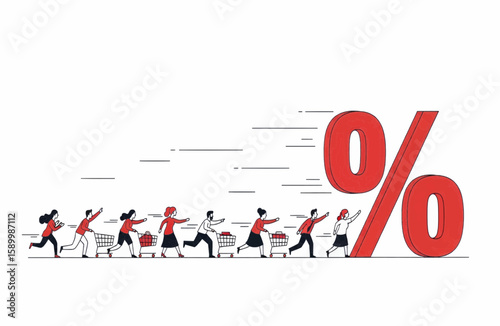 Vector illustration of shoppers racing for a sale, emphasizing the excitement and competition around percentage discounts, indicating the concept of consumerism.