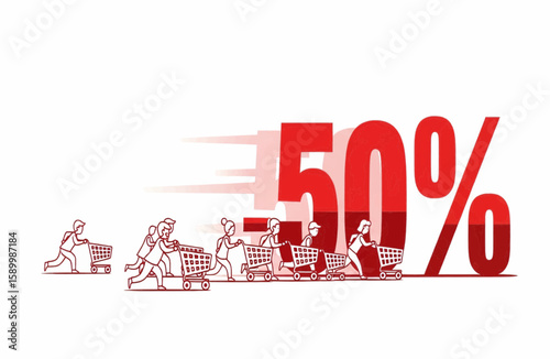 Vector art of people with shopping carts rushing towards a 50% discount promotion in red, creating a dynamic and eye-catching sales advertisement.