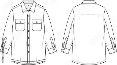 Men’s button-up shirt sketch front and back views, buttoned flap chest pockets, collar neckline, sleeve straps and cuffs, yoke back construction illustration